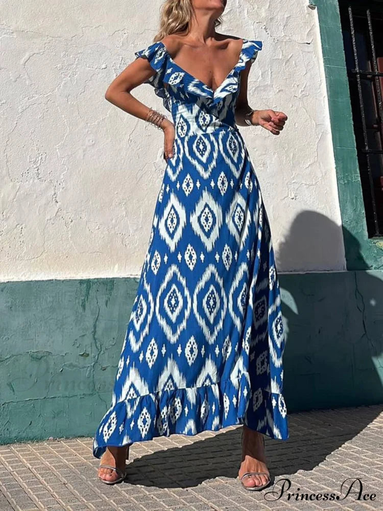 Ethnic Print Smocked Bust Graceful Ruffle Neck Maxi Dress