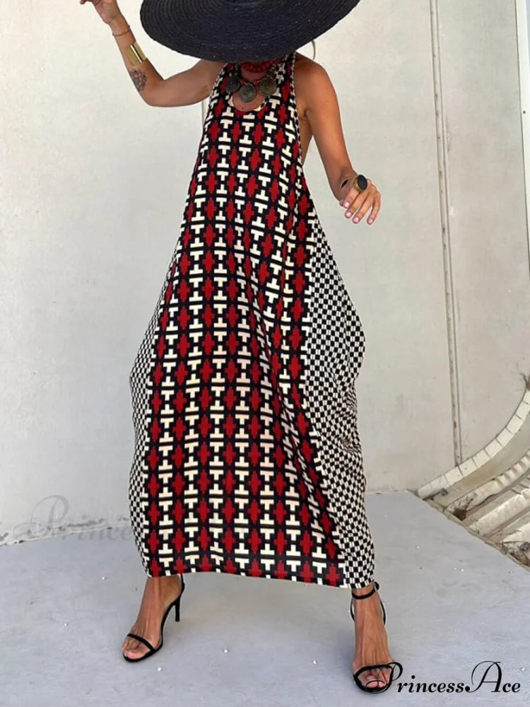 Ethnic Unique Print Lantern Graceful Cut Tank Maxi Dress