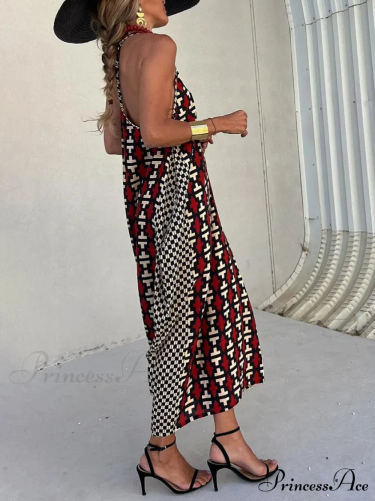 Ethnic Unique Print Lantern Graceful Cut Tank Maxi Dress