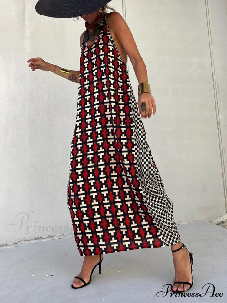 Ethnic Unique Print Lantern Graceful Cut Tank Maxi Dress