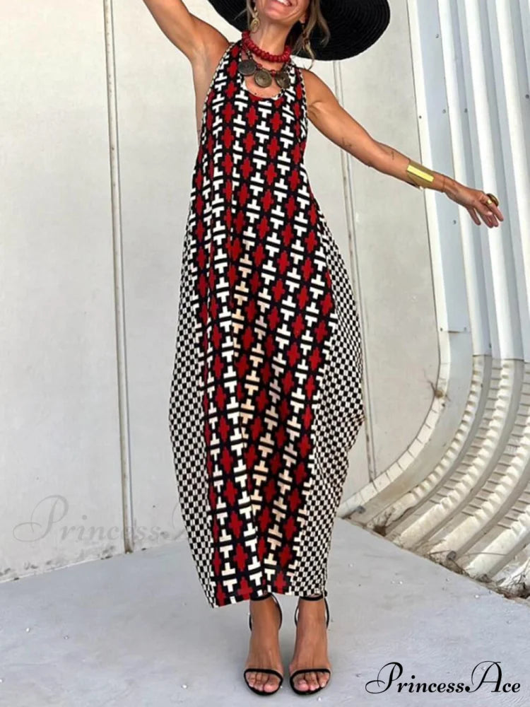 Ethnic Unique Print Lantern Graceful Cut Tank Maxi Dress
