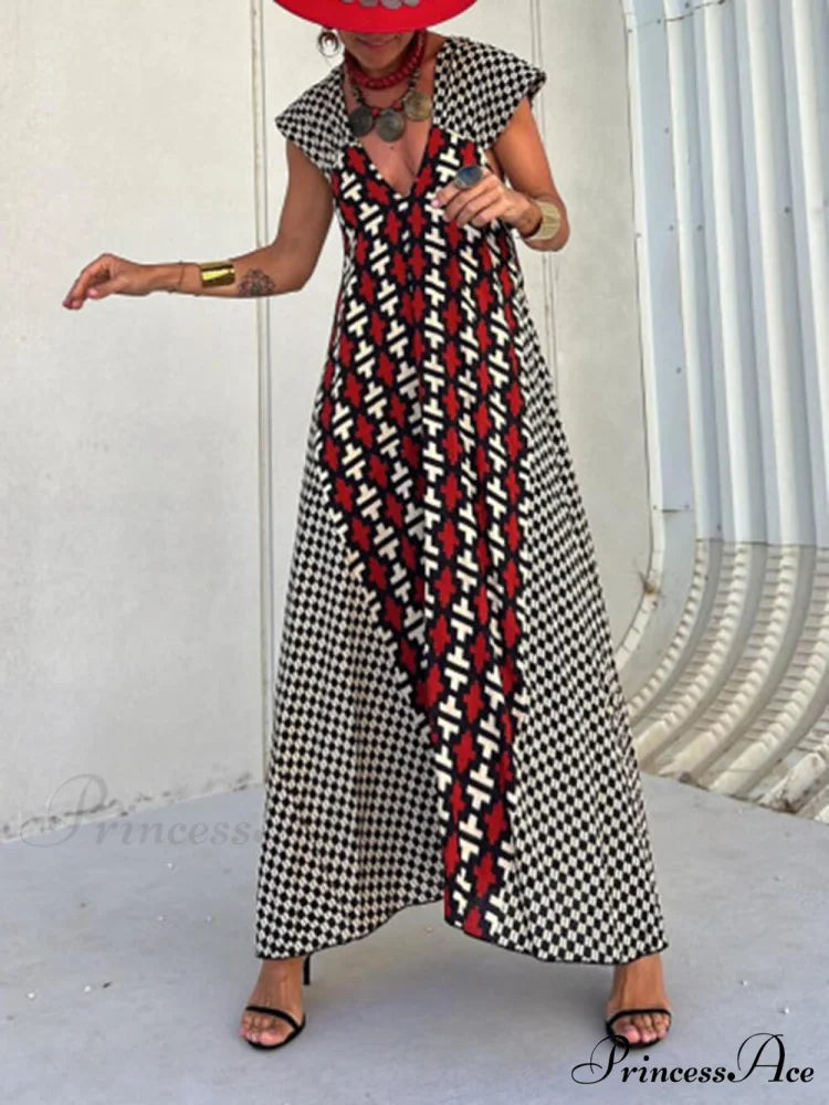 Ethnic Unique Print Ruffle Graceful Sleeve A-line Maxi Dress