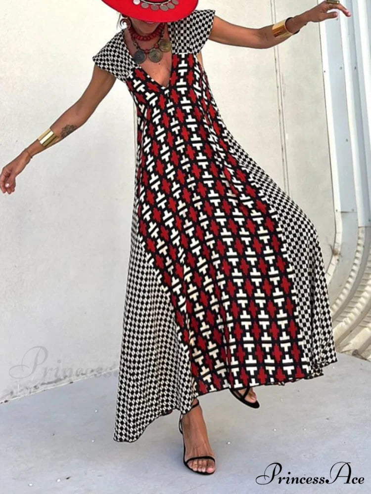 Ethnic Unique Print Ruffle Graceful Sleeve A-line Maxi Dress