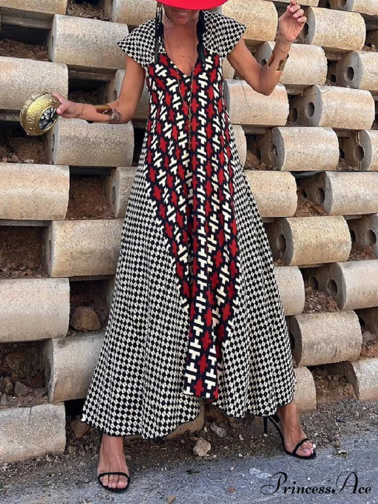 Ethnic Unique Print Ruffle Graceful Sleeve A-line Maxi Dress