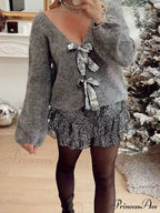 European Sequin Bow Loose Knit Cardigan