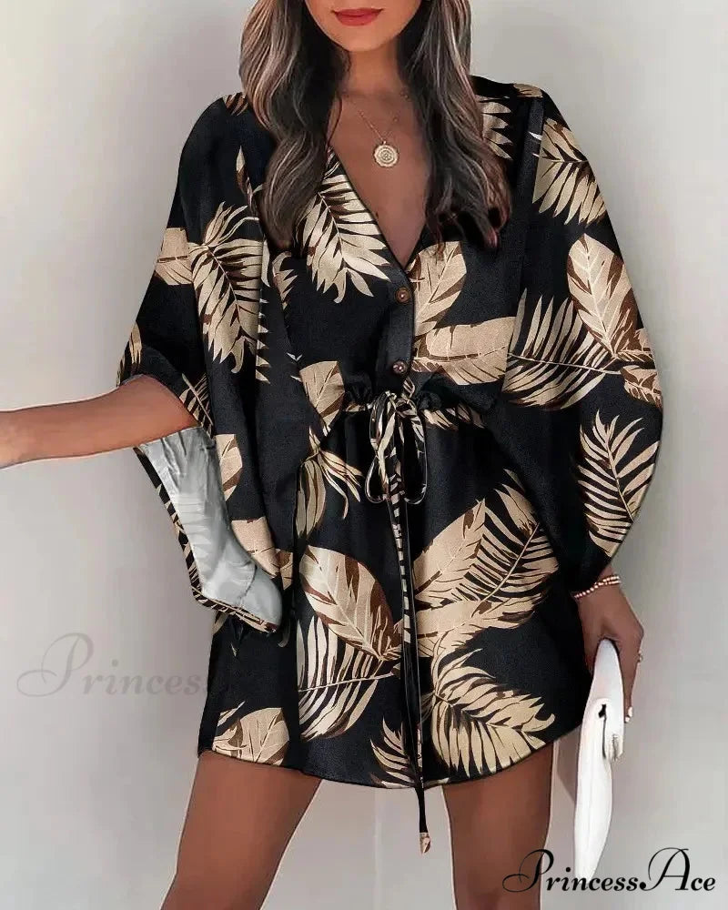 European Stylish Print V-neck Holiday Dress