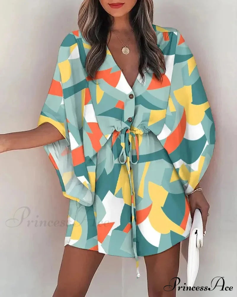 European Stylish Print V-neck Holiday Dress