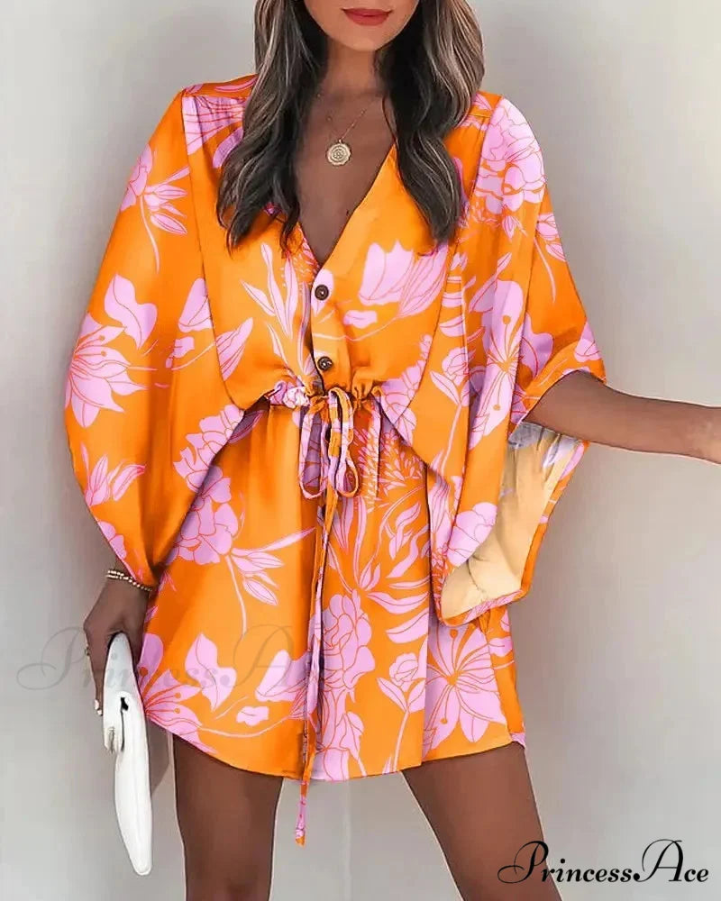 European Stylish Print V-neck Holiday Dress