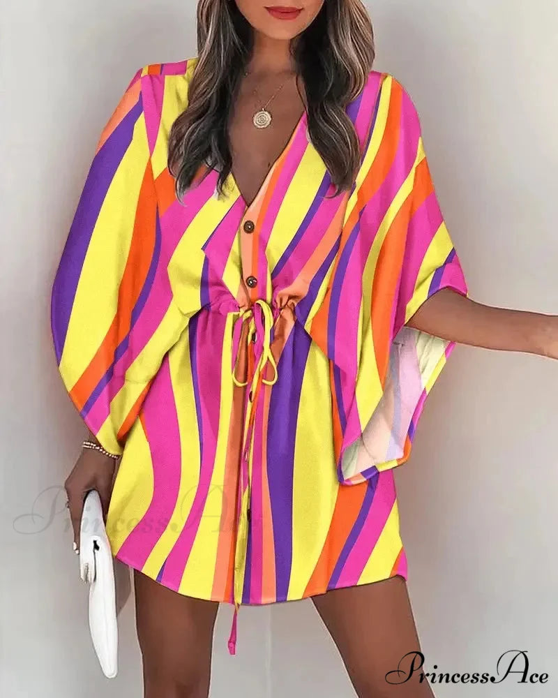 European Stylish Print V-neck Holiday Dress