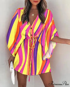 European Stylish Print V-neck Holiday Dress