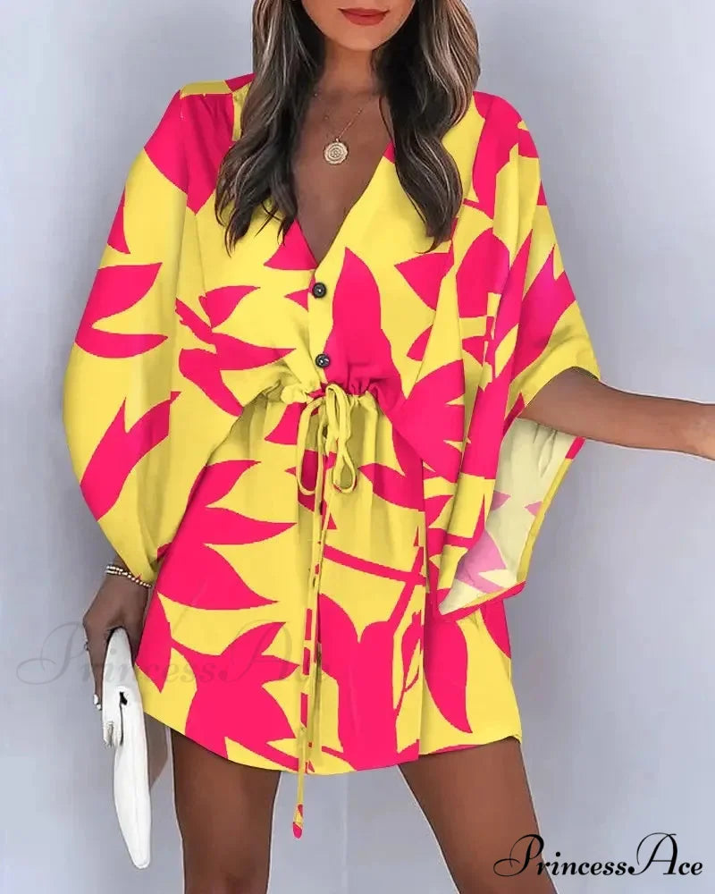 European Stylish Print V-neck Holiday Dress