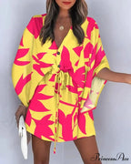 European Stylish Print V-neck Holiday Dress