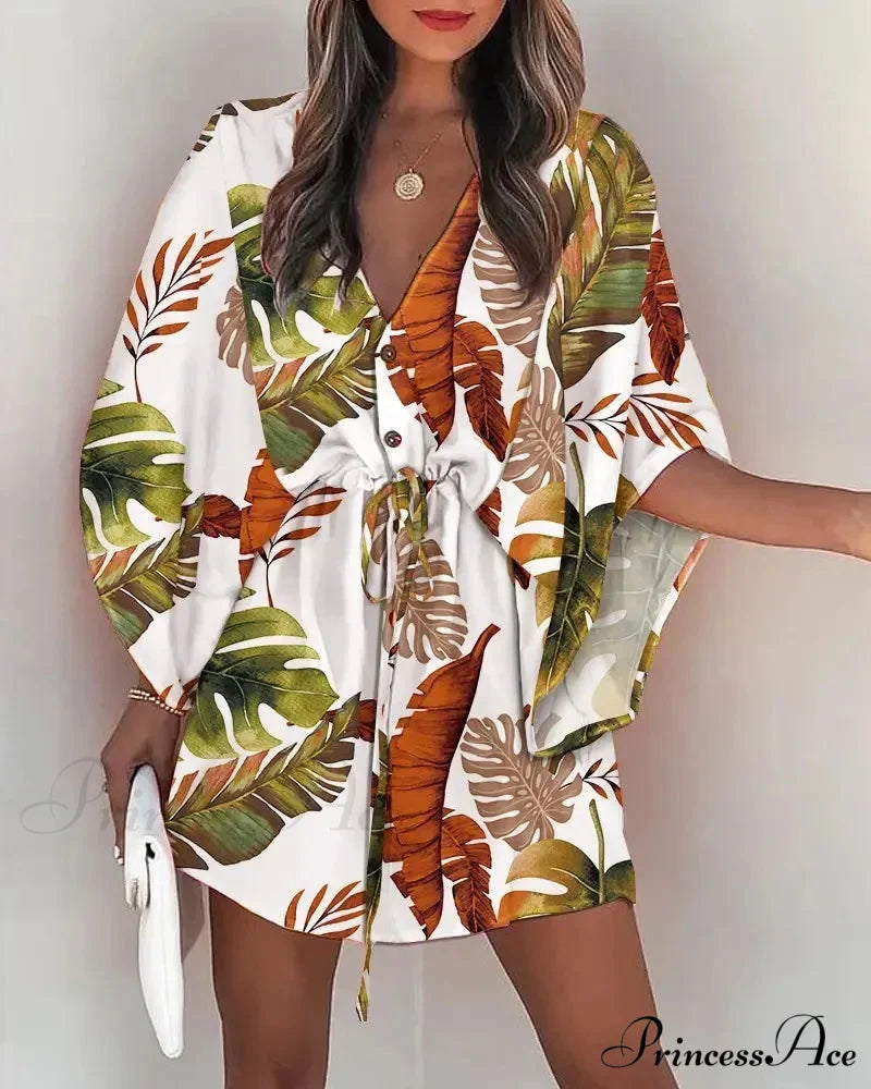 European Stylish Print V-neck Holiday Dress