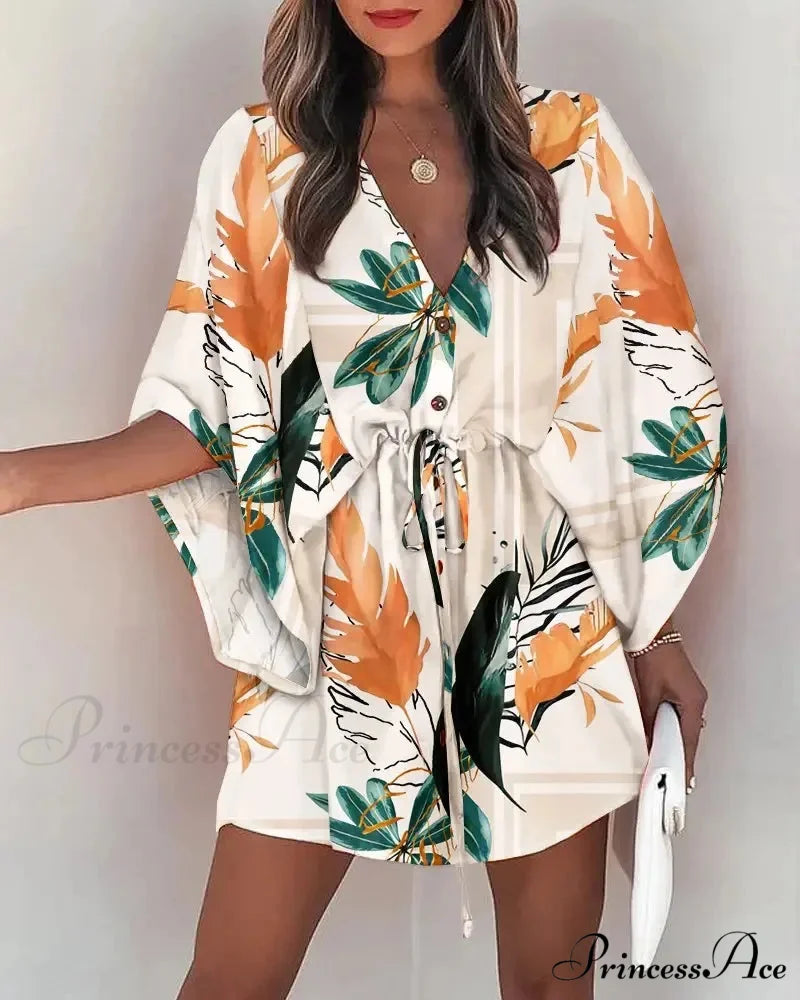 European Stylish Print V-neck Holiday Dress