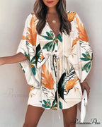 European Stylish Print V-neck Holiday Dress