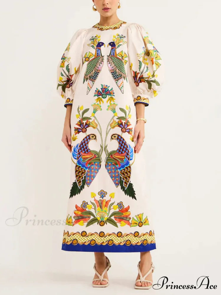 Exquisite And Fun Printed Puff Trendy Sleeves Loose Casual Midi Dress