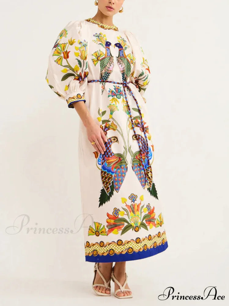Exquisite And Fun Printed Puff Trendy Sleeves Loose Casual Midi Dress