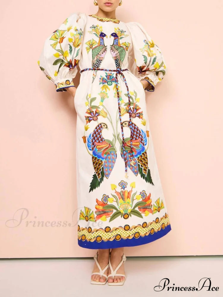 Exquisite And Fun Printed Puff Trendy Sleeves Loose Casual Midi Dress