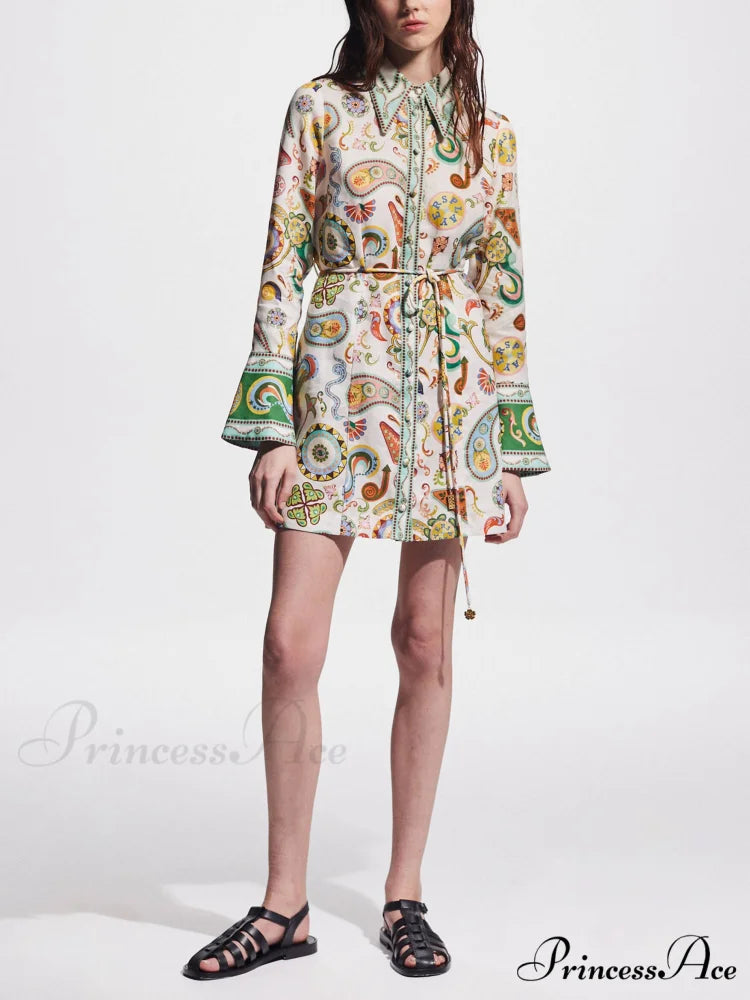 Exquisite And Printed Charming Trumpet Sleeve Mini Dress