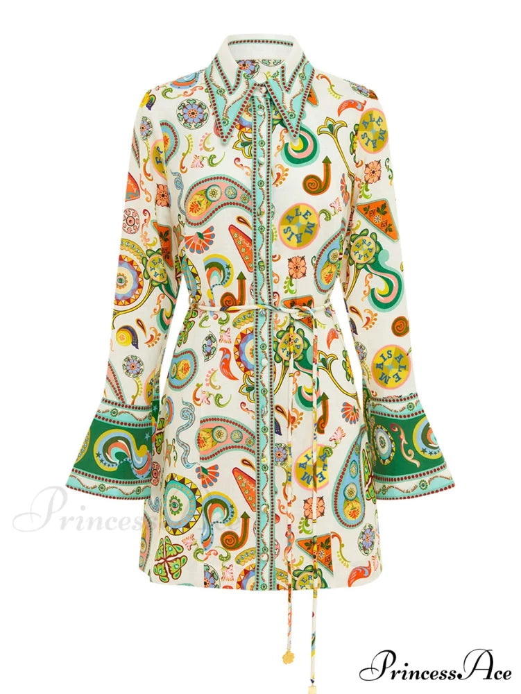 Exquisite And Printed Charming Trumpet Sleeve Mini Dress