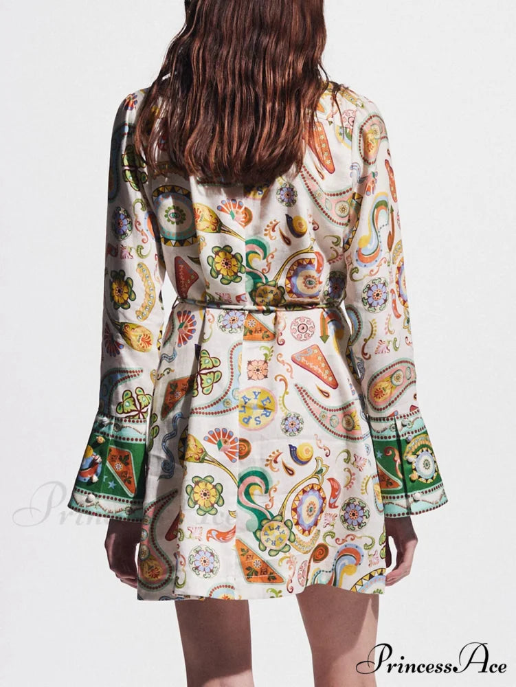 Exquisite And Printed Charming Trumpet Sleeve Mini Dress