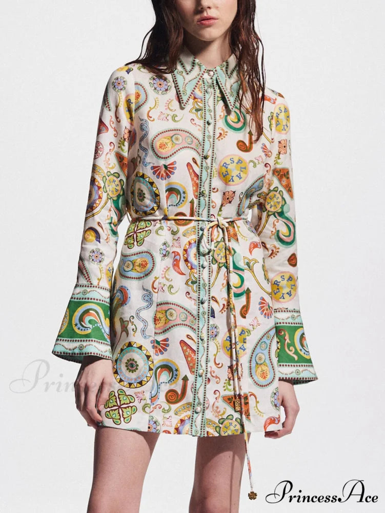 Exquisite And Printed Charming Trumpet Sleeve Mini Dress