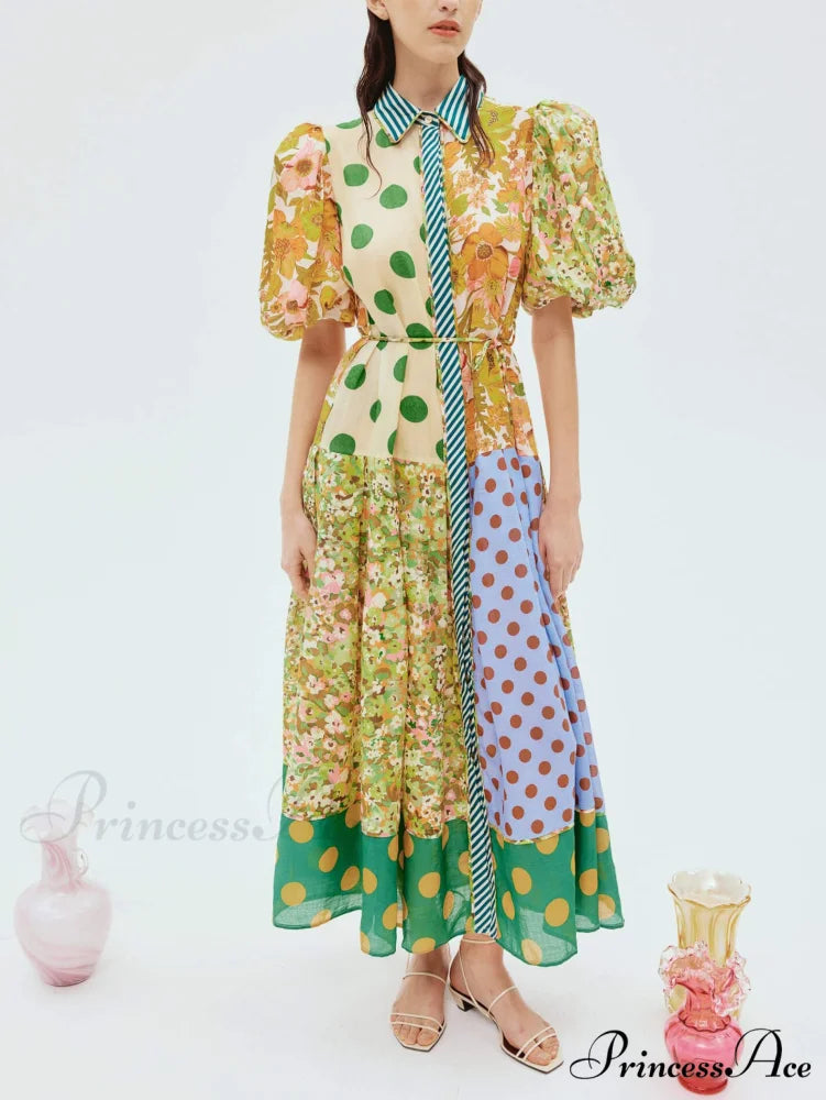 Exquisite Retro Floral Print Graceful Puff Sleeve Midi Dress