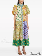 Exquisite Retro Floral Print Graceful Puff Sleeve Midi Dress