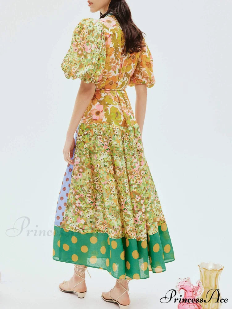 Exquisite Retro Floral Print Graceful Puff Sleeve Midi Dress