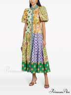 Exquisite Retro Floral Print Graceful Puff Sleeve Midi Dress