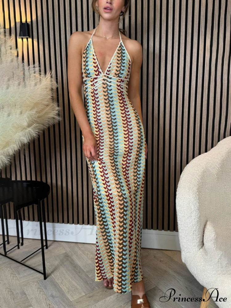 Exquisite V-Neck Crochet Charming Suspender Maxi Dress