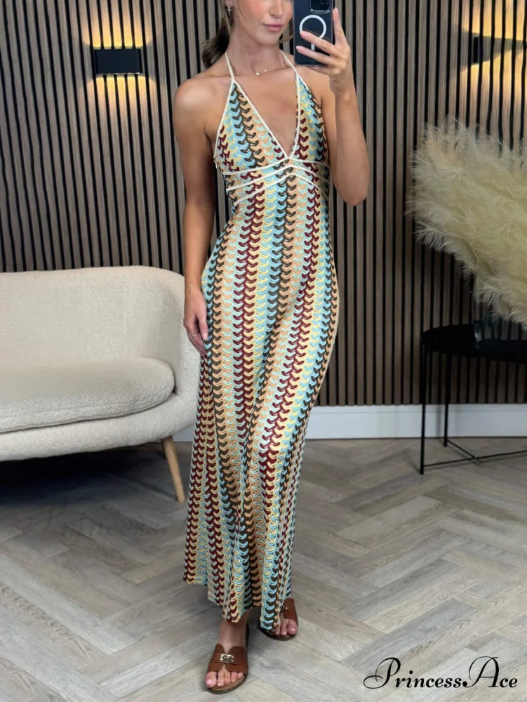 Exquisite V-Neck Crochet Charming Suspender Maxi Dress