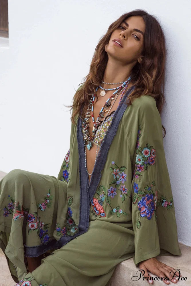 Extended Flower Stitch Beach Cover-Up Bohemian Cardigan