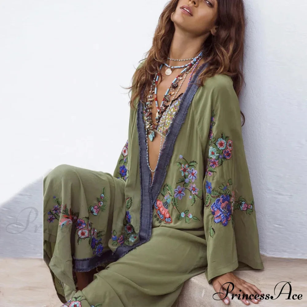 Extended Flower Stitch Beach Cover-Up Bohemian Cardigan