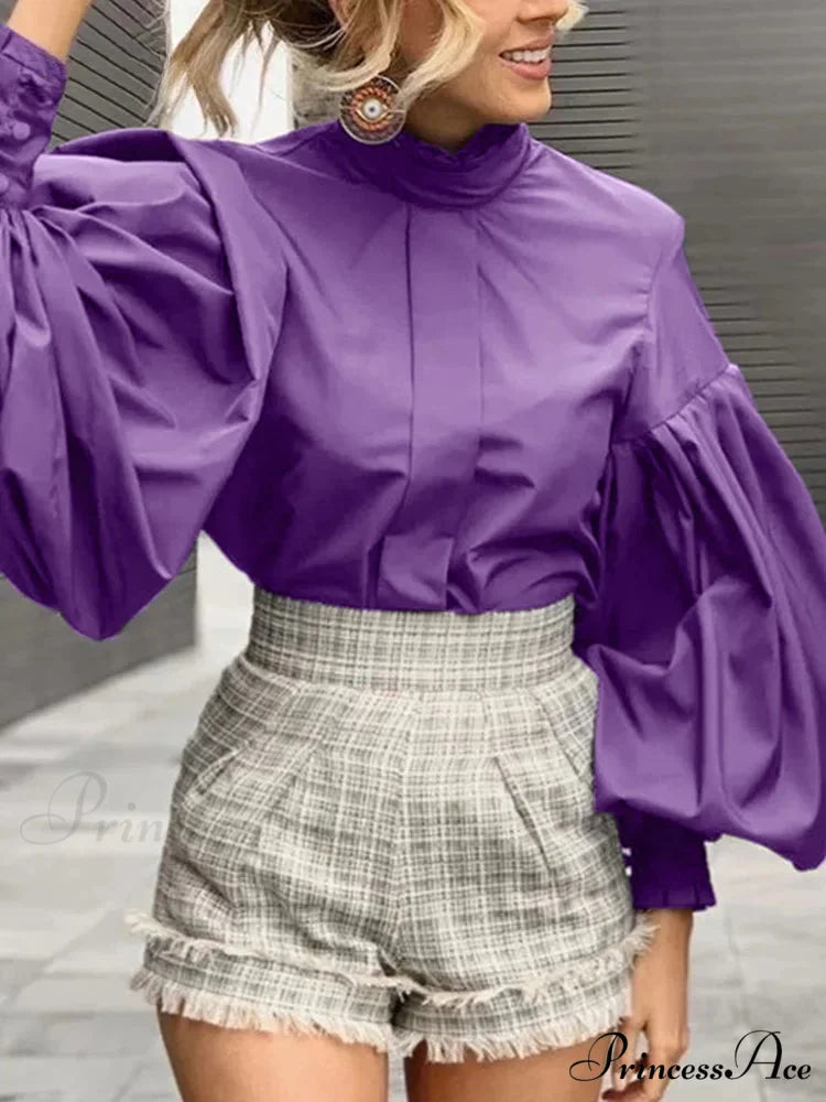 Extended Lantern Sleeve Solid Violet Blouse Stylish Blouse