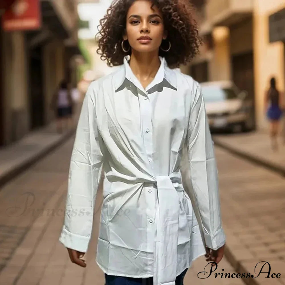 Extended Sleeve Gathered Lace-up Ivory Blouse