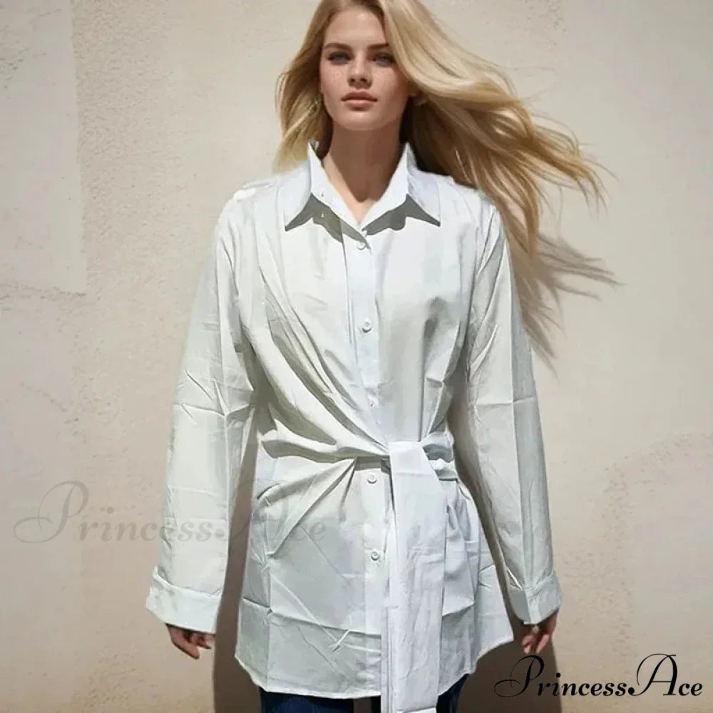 Extended Sleeve Gathered Lace-up Ivory Blouse