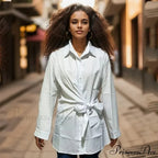 Extended Sleeve Gathered Lace-up Ivory Blouse