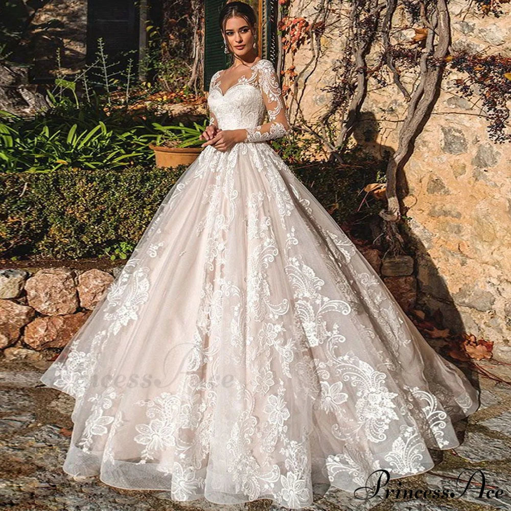 Extended Sleeve Lace Ball Gown Wedding Dress