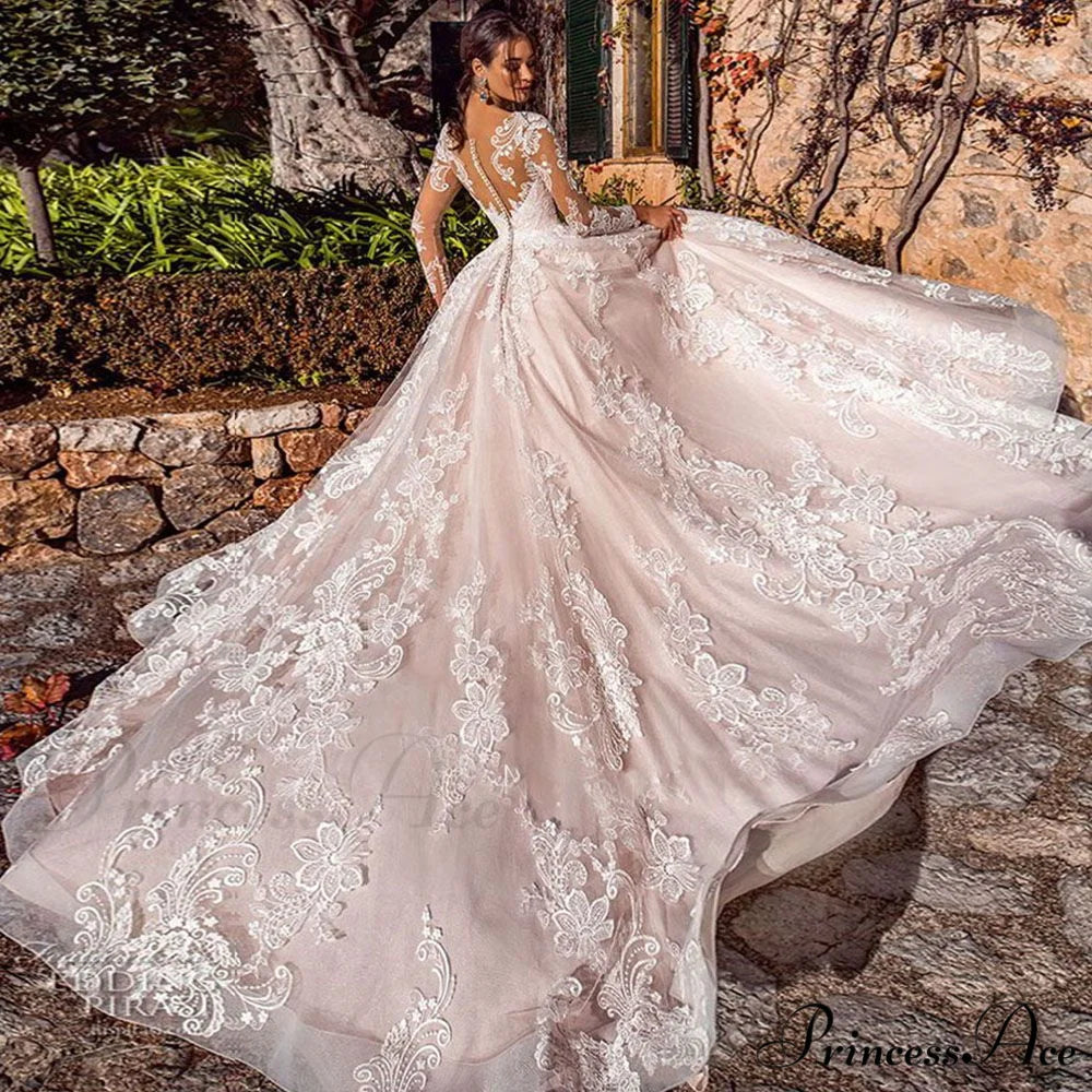 Extended Sleeve Lace Ball Gown Wedding Dress