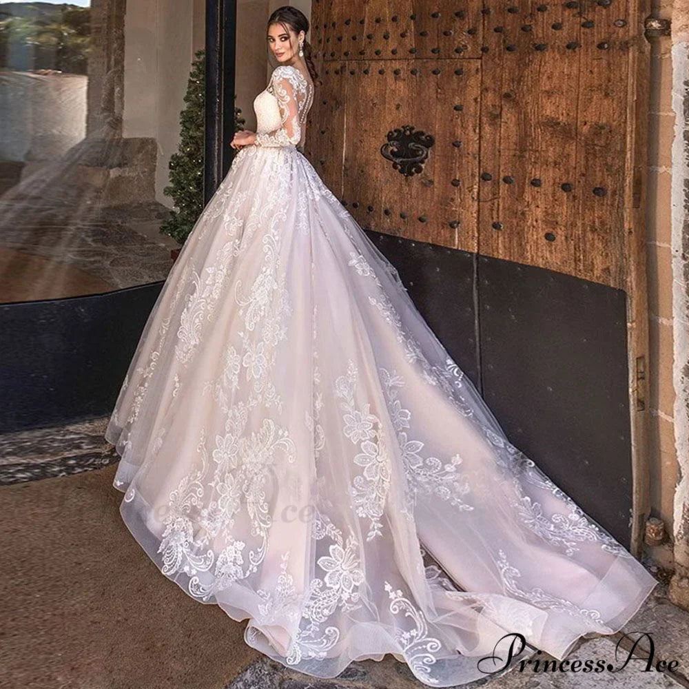 Extended Sleeve Lace Ball Gown Wedding Dress