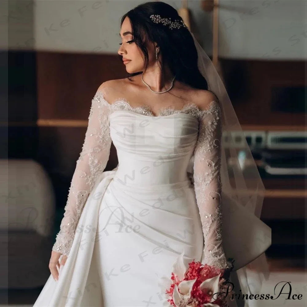 Extended Sleeve Off-Shoulder Silk Bridal Gown