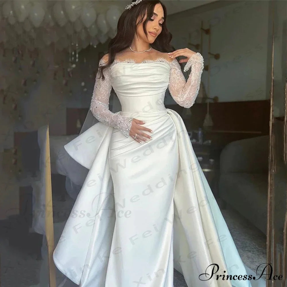 Extended Sleeve Off-Shoulder Silk Bridal Gown