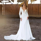 Extended Sleeve Profound Plunge-Neck Wedding Gown