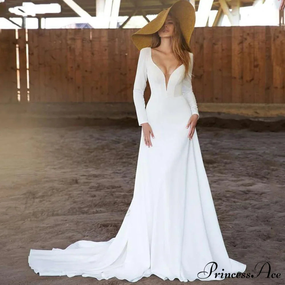 Extended Sleeve Profound Plunge-Neck Wedding Gown