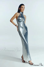 Extended-Sleeve Sparkling Split Maxi Prom Dress