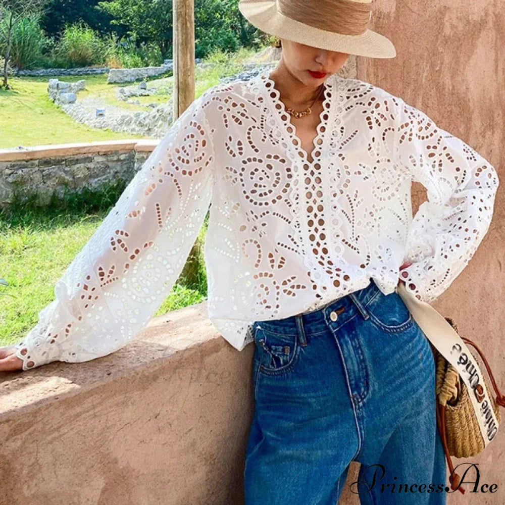 Extended Sleeve V-Neck Empty Out Flowered Lace Boho Top