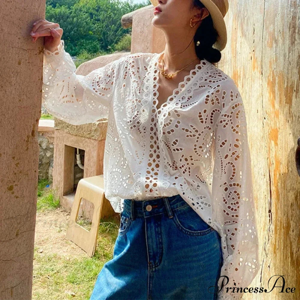 Extended Sleeve V-Neck Empty Out Flowered Lace Boho Top