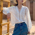 Extended Sleeve V-Neck Empty Out Flowered Lace Boho Top