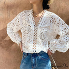 Extended Sleeve V-Neck Empty Out Flowered Lace Boho Top
